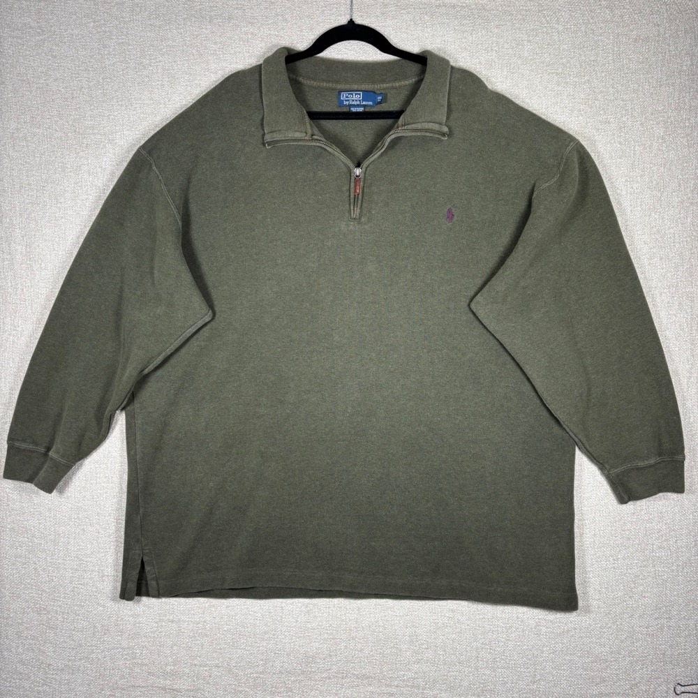 Vintage Polo Ralph Lauren Mens 3XL Olive Green 1/4 Zip Cotton Sweater Pony